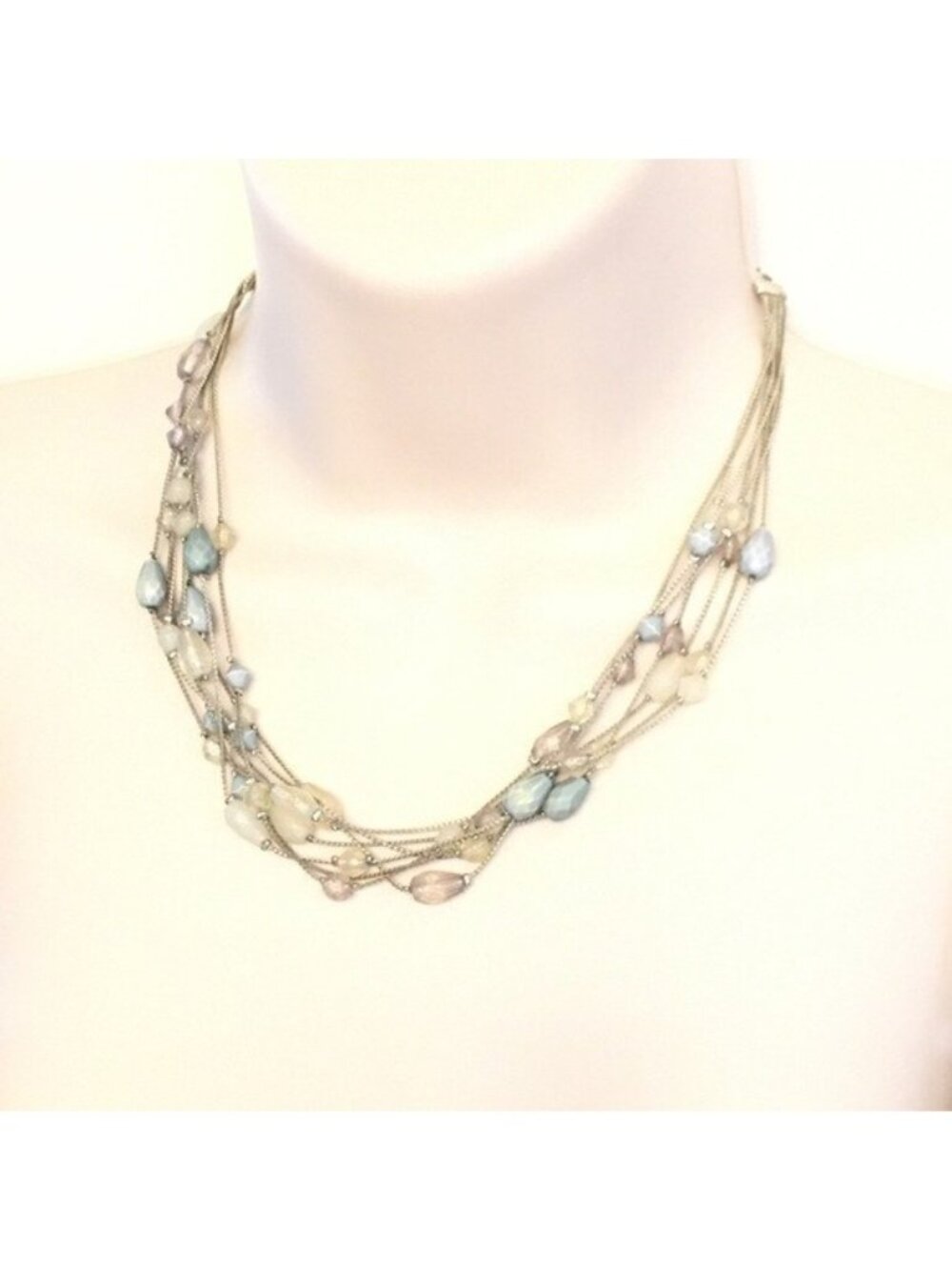 Multi-strand Turquoise and Clear Beads on Silver-tone chains Necklace
